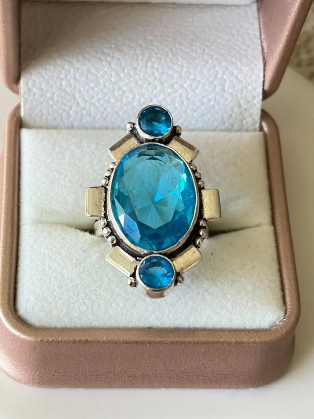 Simulated Blue Topaz Three Stone Statement Ring 925 Silver Plated - Size 8.5